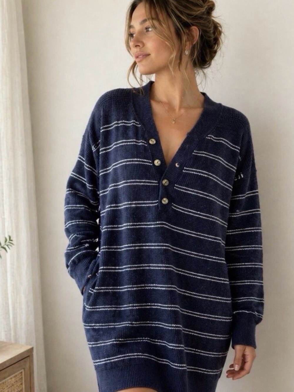 Prana Navy and White Milani Henley Sweater Dress - Picture 1 of 4